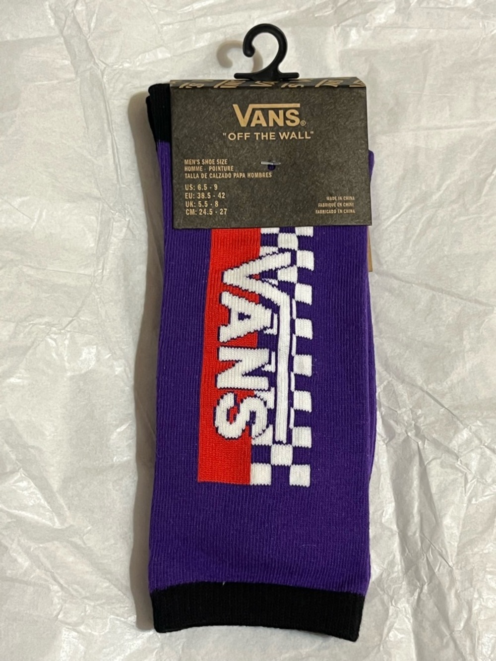 Vans Purple Socks with Red & White Checkerboard Logo Off The Wall Stripe